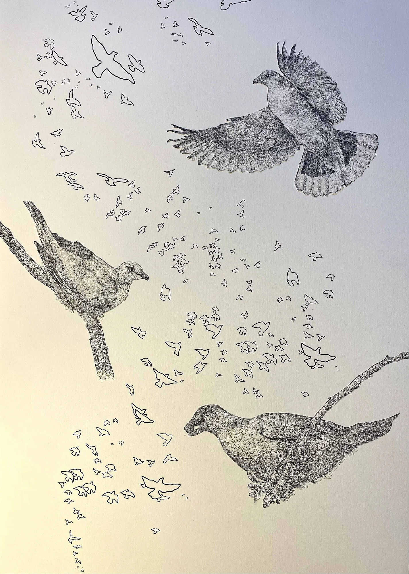 Doves&nbsp;&mdash; a stippled pen-and-ink composition of emerald doves: one in flight with wings spread, one perched on a branch, and one alighting, surrounded by a scatter of small outlined birds, on a softly graded ground.