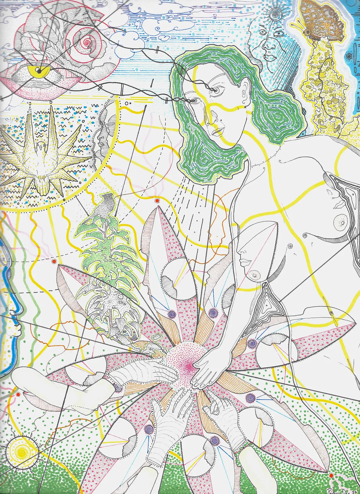 Heart of Desire&nbsp;&mdash; a colourful drawing of open hands and dotted petals radiating from a glowing pink core, with a green-haired woman gazing up, a butterfly, a red-vented bulbul and a dove.