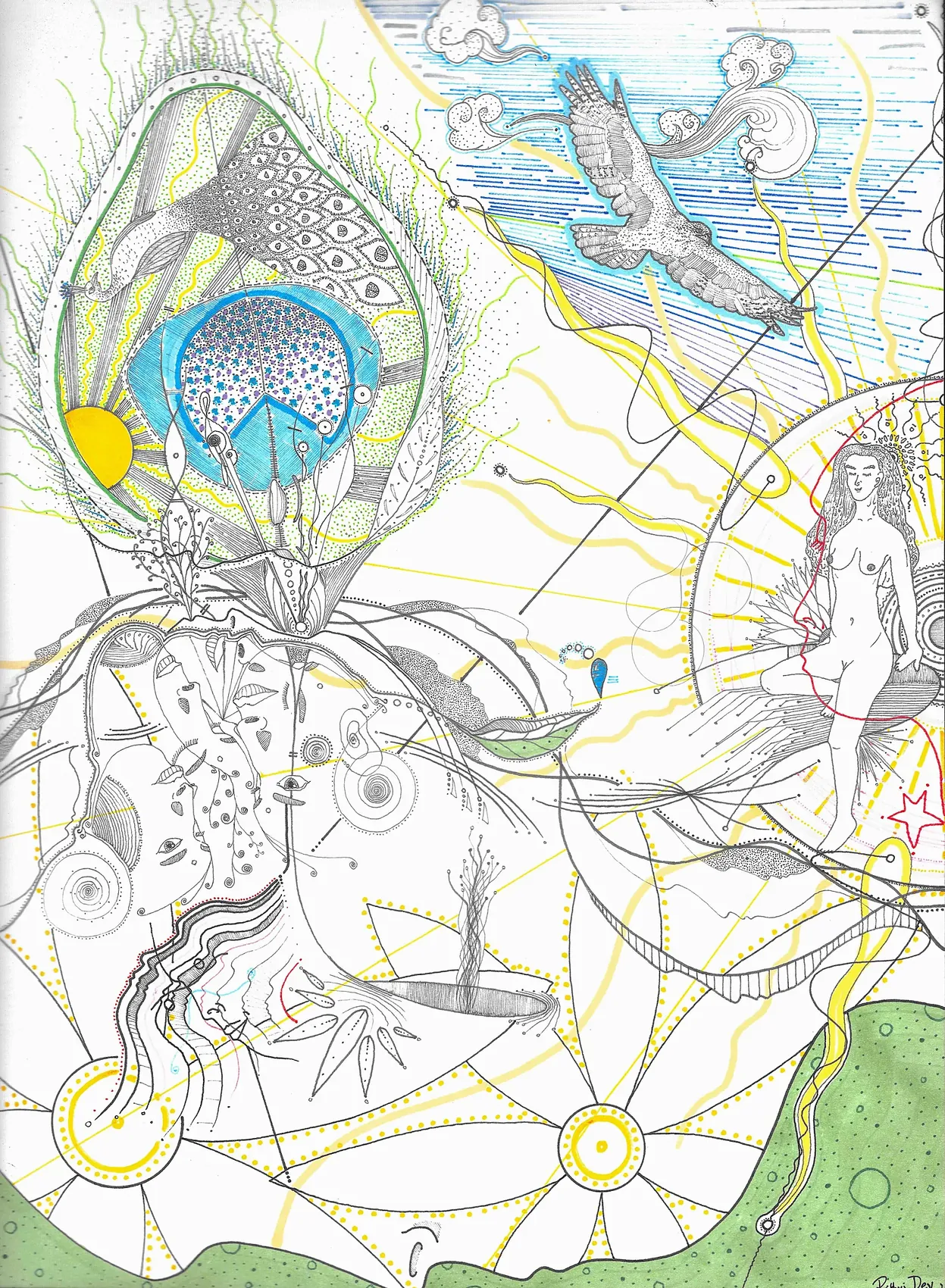 Facets of Enlightenment&nbsp;&mdash; the iridescent eye of a peacock feather, a black eagle climbing a hatched blue sky, a luminous nude figure in a sun-halo, and dotted sun-flowers on the grass below.
