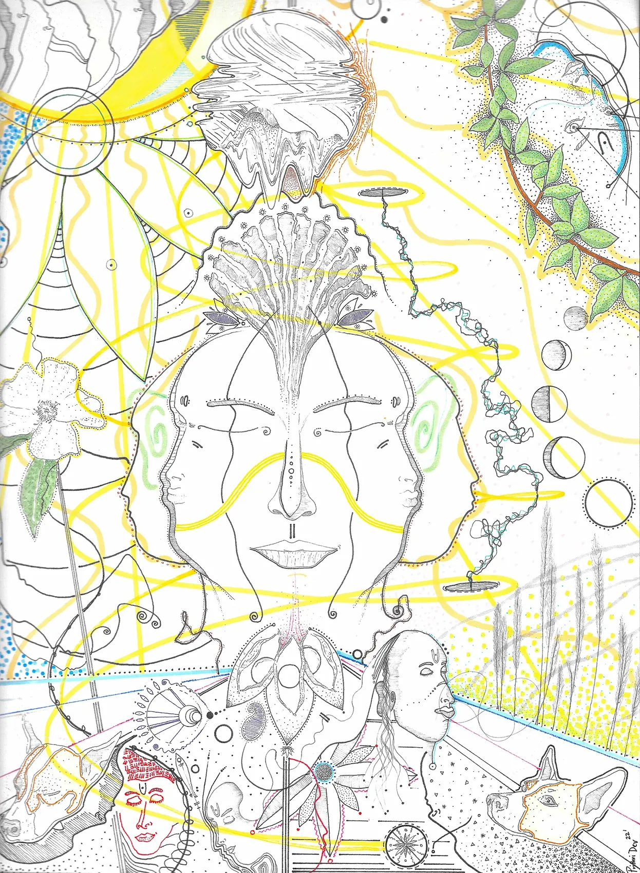 Ethereal Bloom&nbsp;&mdash; a calm frontal face whose cheeks are formed of two outward-turned profiles, a plume of growth erupting from its crown, moon phases, a white flower, watching animals and an elder’s face above.