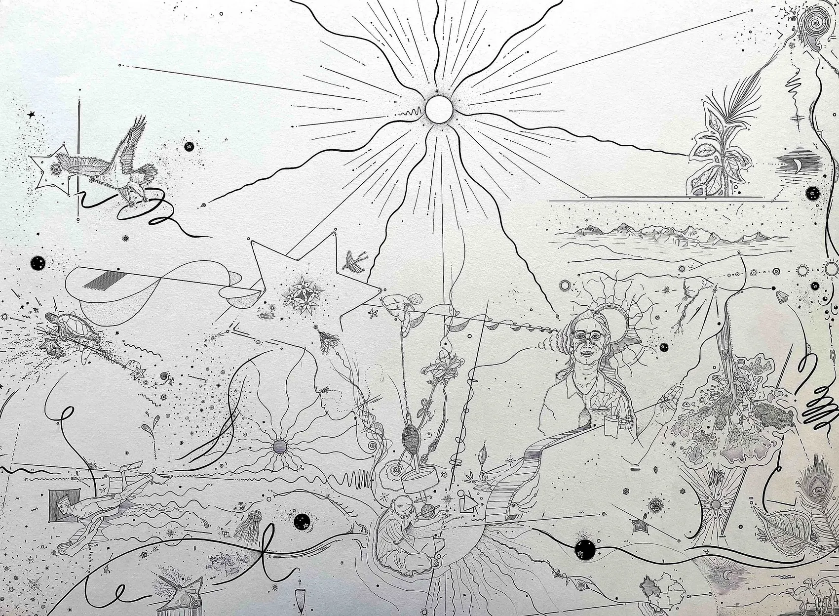 Garima’s Meditation&nbsp;&mdash; a large horizontal pen-and-ink drawing: a haloed woman in glasses, a diving figure, a seated meditator with a spindle, a radiant sun, plants, birds, a turtle and a sea, all teeming across a white field.