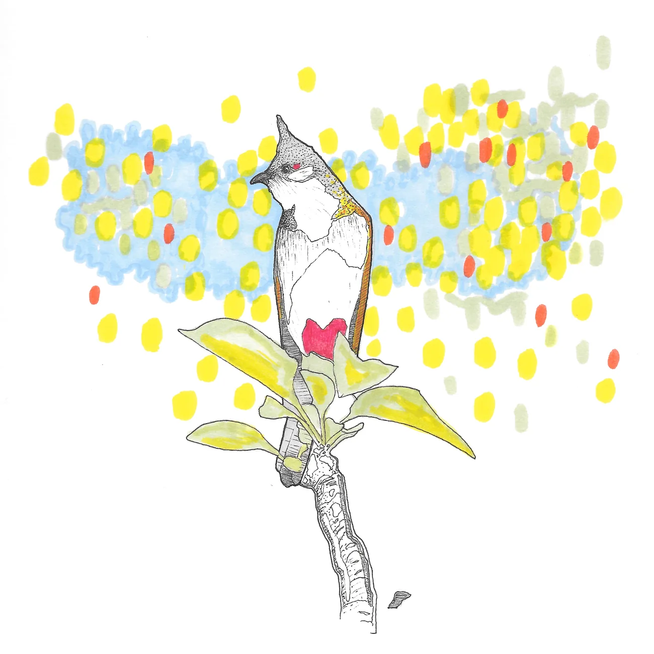 A red-whiskered bulbul with a tall crest perched on a leafy branch, against a field of yellow and blue dots.