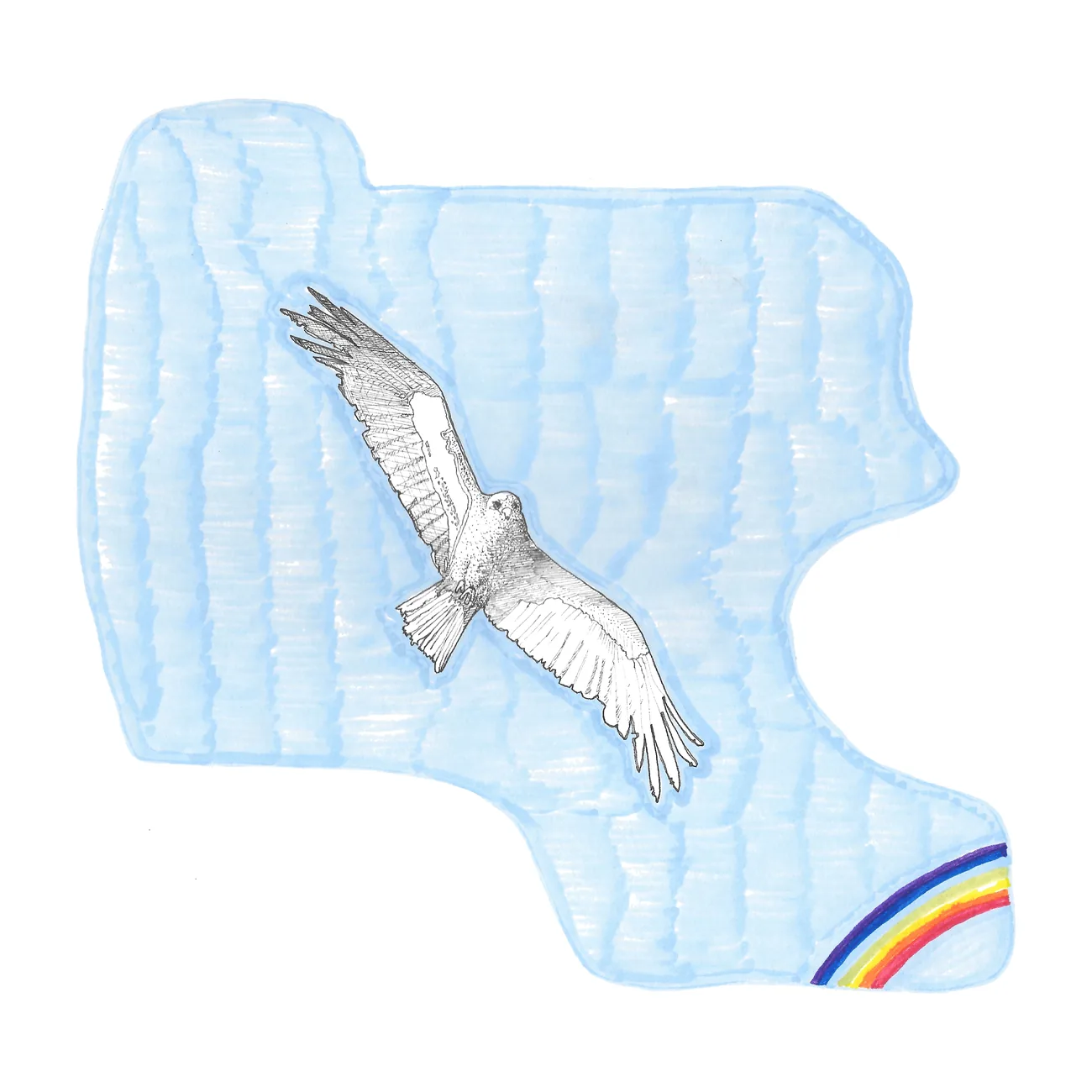 A kite soaring with outstretched wings against a pale blue sky, a small rainbow in the lower corner.