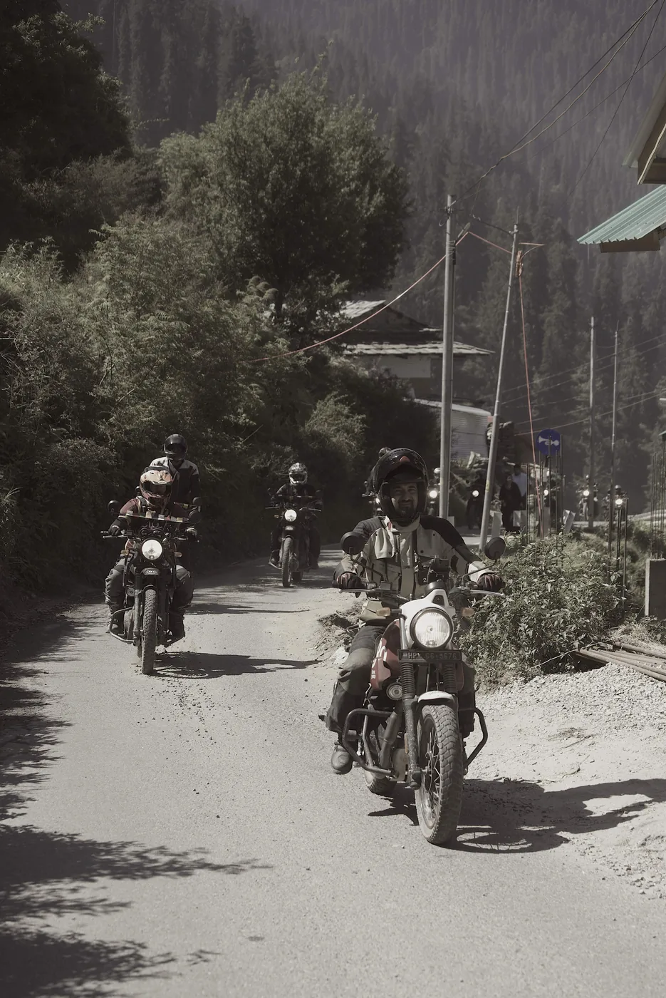 A line of motorcyclists riding down a dusty mountain road through pine forest, the lead rider smiling.