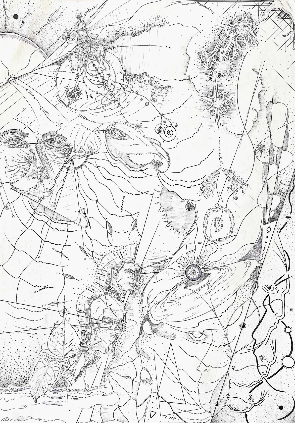 Kali at the Birth of the Universe&nbsp;&mdash; a dense drawing with a small flame-crowned Kali at the top, giant tranquil faces, a glowing purple seed-cell in orbital rings, spiked bursts of life and a bodhi leaf.