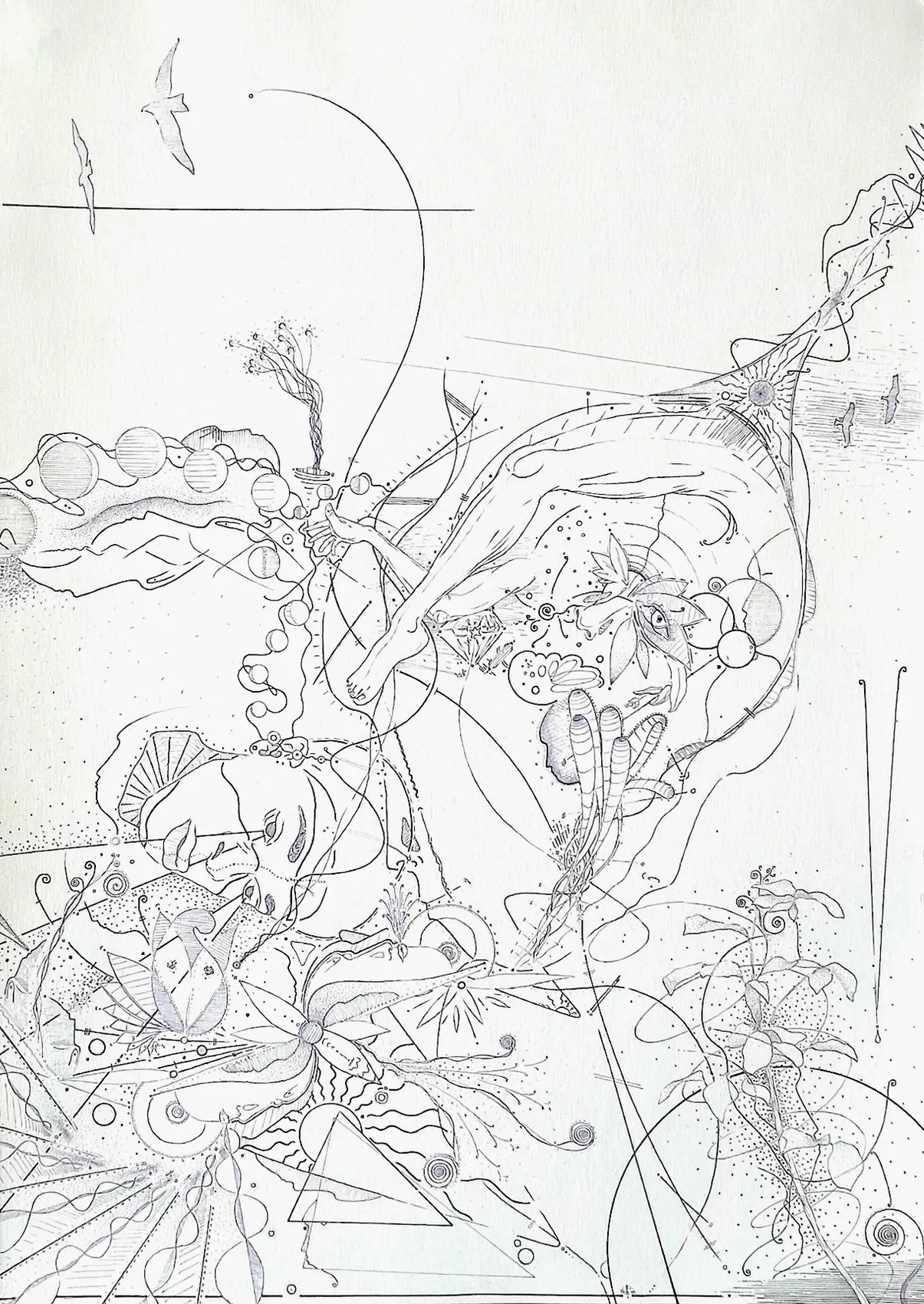 Consciousness of Kali&nbsp;&mdash; faces rising and dissolving in a dotted field of thought, a hand of ribbed root-like fingers reaching to the lips, with small drifting worlds and spirals.