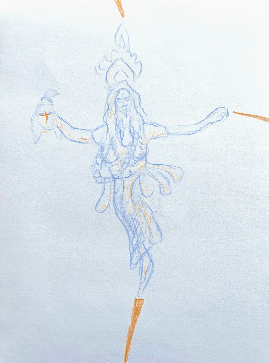 Pencil study in blue and ochre of a dancing Kali figure with a flame crown, arms outstretched, holding a small lamp.
