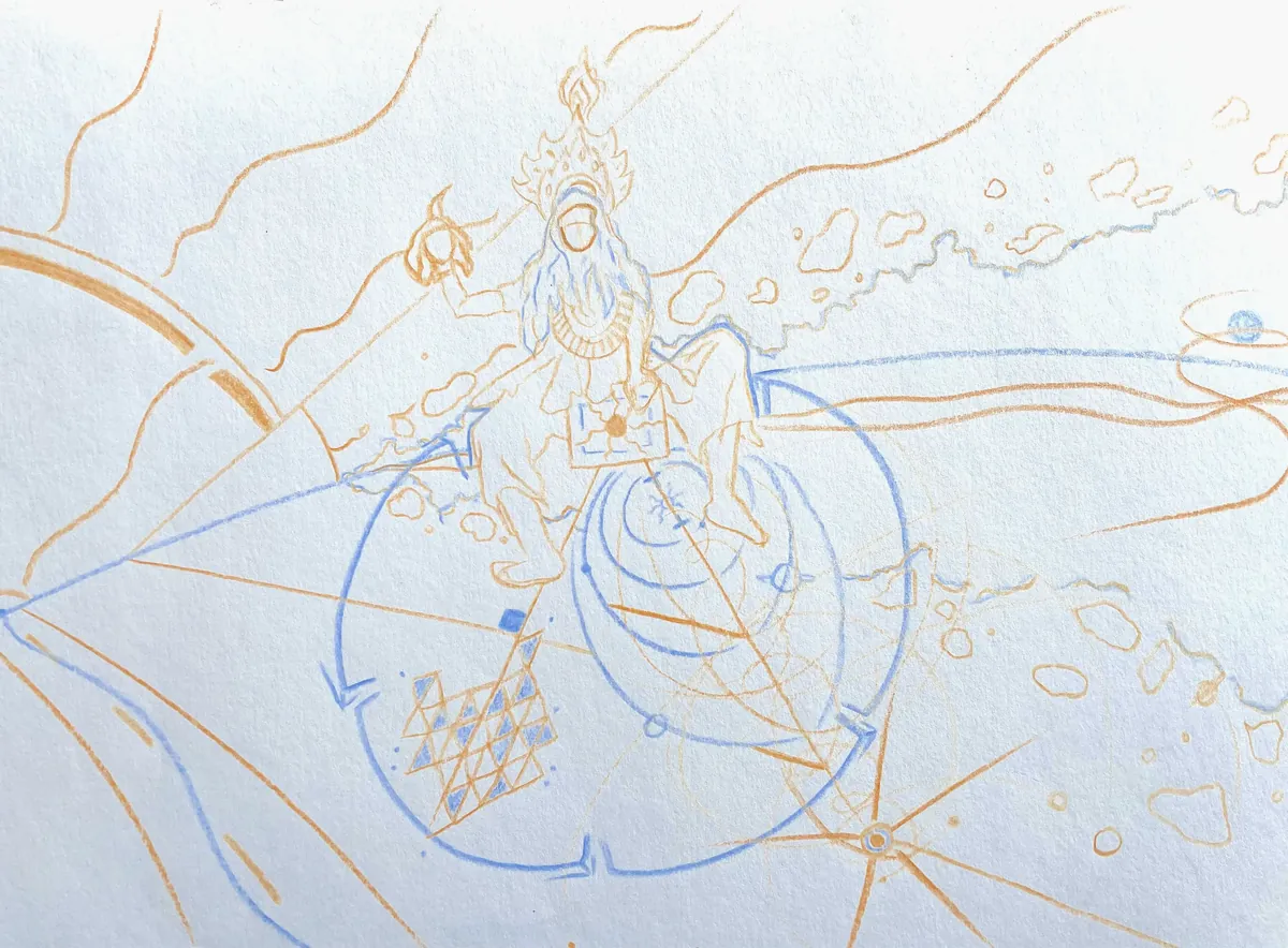 Pencil study in blue and ochre of Kali seated on a cosmic orb ringed by orbital geometry and a triangular grid.