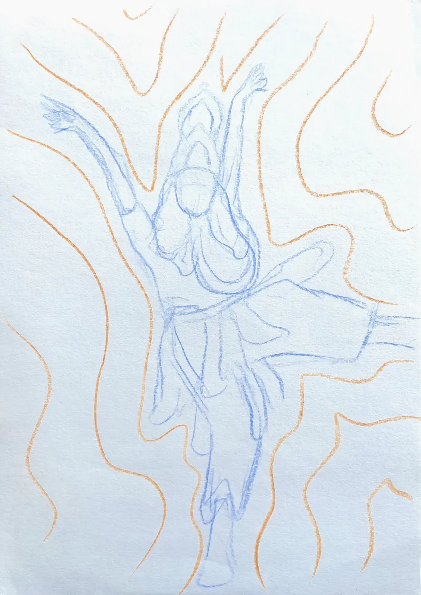 Pencil study in blue and ochre of a dancing figure with flame-like hair, arms raised, surrounded by curling lines.