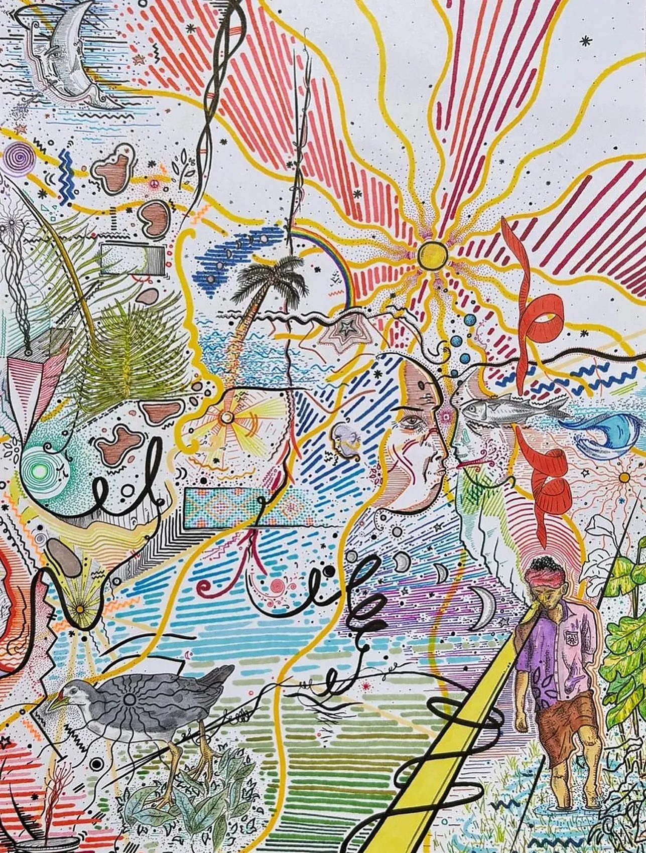 Goa : Both sides now&nbsp;&mdash; a dense, colourful drawing of a radiant sun, palm, a wading farmer, a moorhen and tropical foliage.
