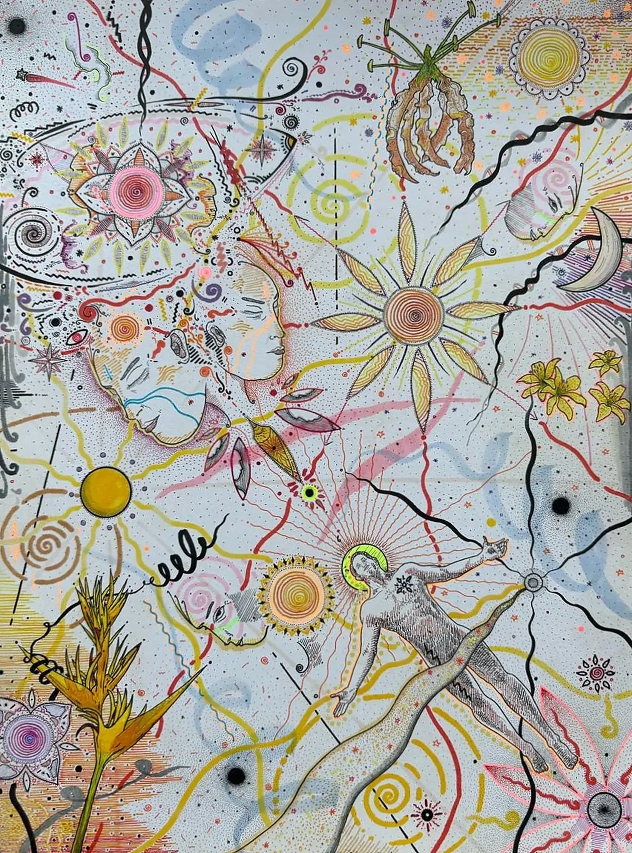 Life is a series of electrons trying to find a place to rest&nbsp;&mdash; a luminous drawing of suns, profile faces, a soaring figure and floral motifs.