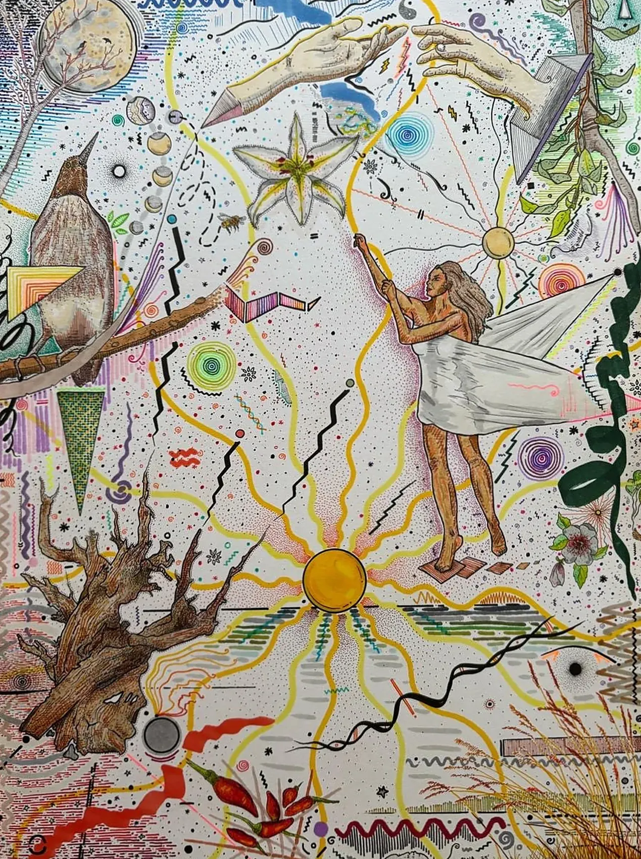 Reach for the stars&nbsp;&mdash; a draped female figure reaching toward a star, with a bird on a branch, a radiant sun, driftwood and chillies.