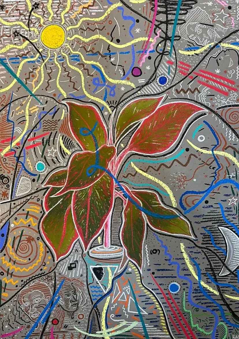 The Inner Garden&nbsp;&mdash; a red-and-green leaved plant at the centre of a grey sheet alive with a sun, faces, waves and vivid oil-pastel marks.