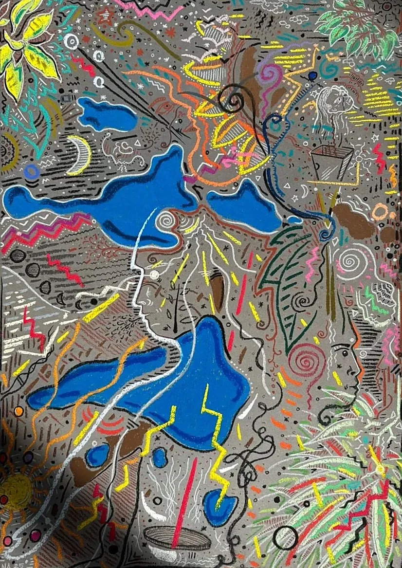 The Tide of Thought&nbsp;&mdash; a profile face amid flowing blue forms, foliage, a crescent moon and spiralling oil-pastel marks on grey paper.