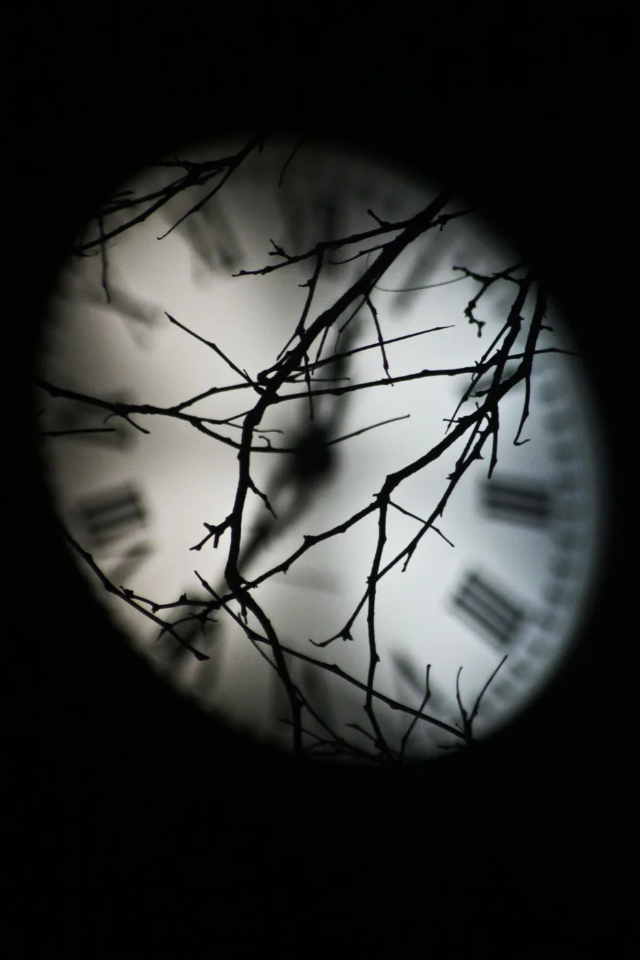Bare branches crossing the dim, blurred face of a clock seen through a dark circular vignette.