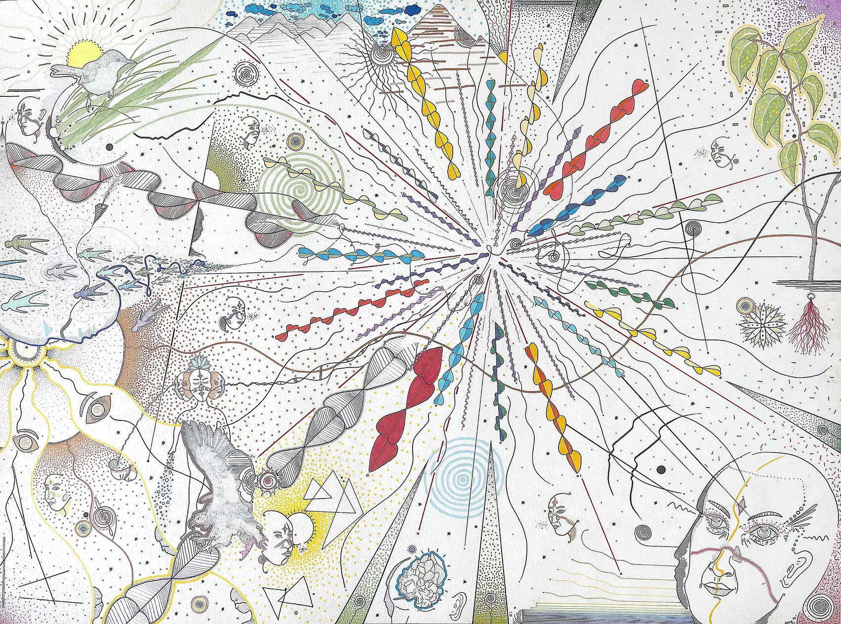 Physical Lines of Force&nbsp;&mdash; a large horizontal drawing of coloured beams radiating from a central point across a white field of mountains, birds, faces, spirals and triangles.