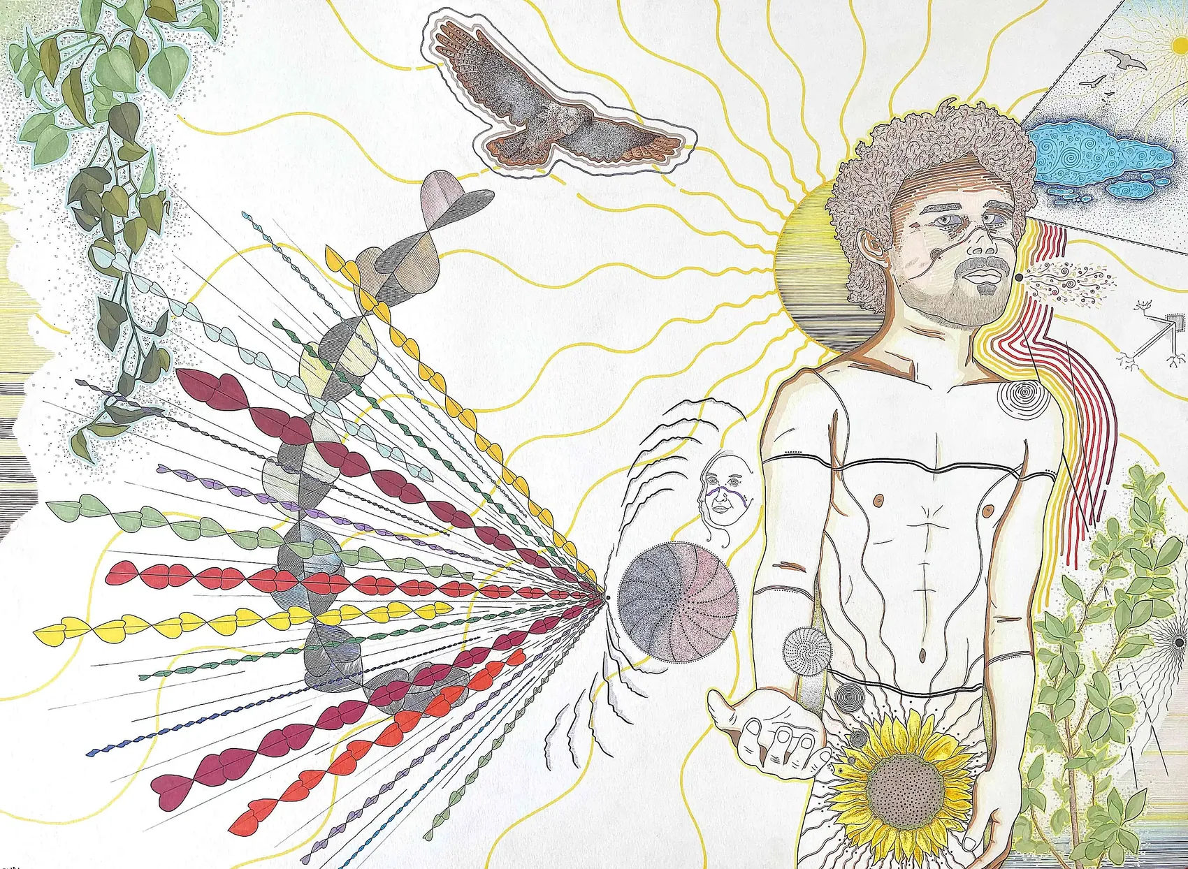 The Ratios of Light&nbsp;&mdash; a horizontal drawing of a luminous sun-haloed figure releasing a spectrum of twisting light strands, with a sunflower, a hawk and plants.