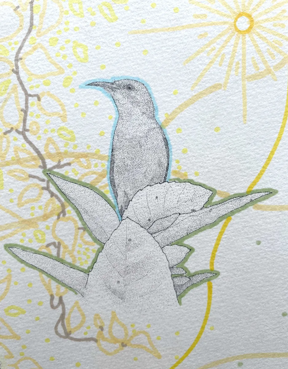 A purple sunbird perched upright among leaves beneath a radiating sun motif