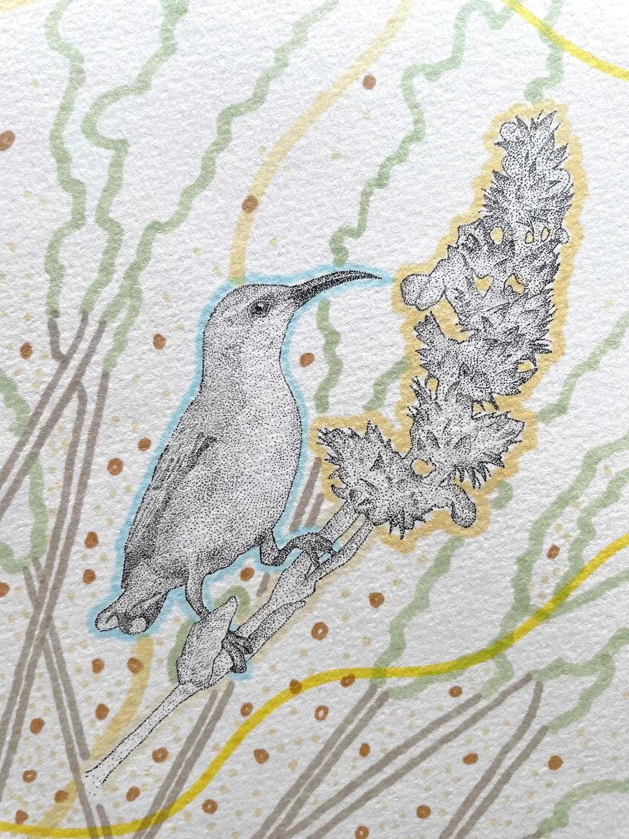 A purple sunbird feeding at a flower spike amid trailing vine motifs