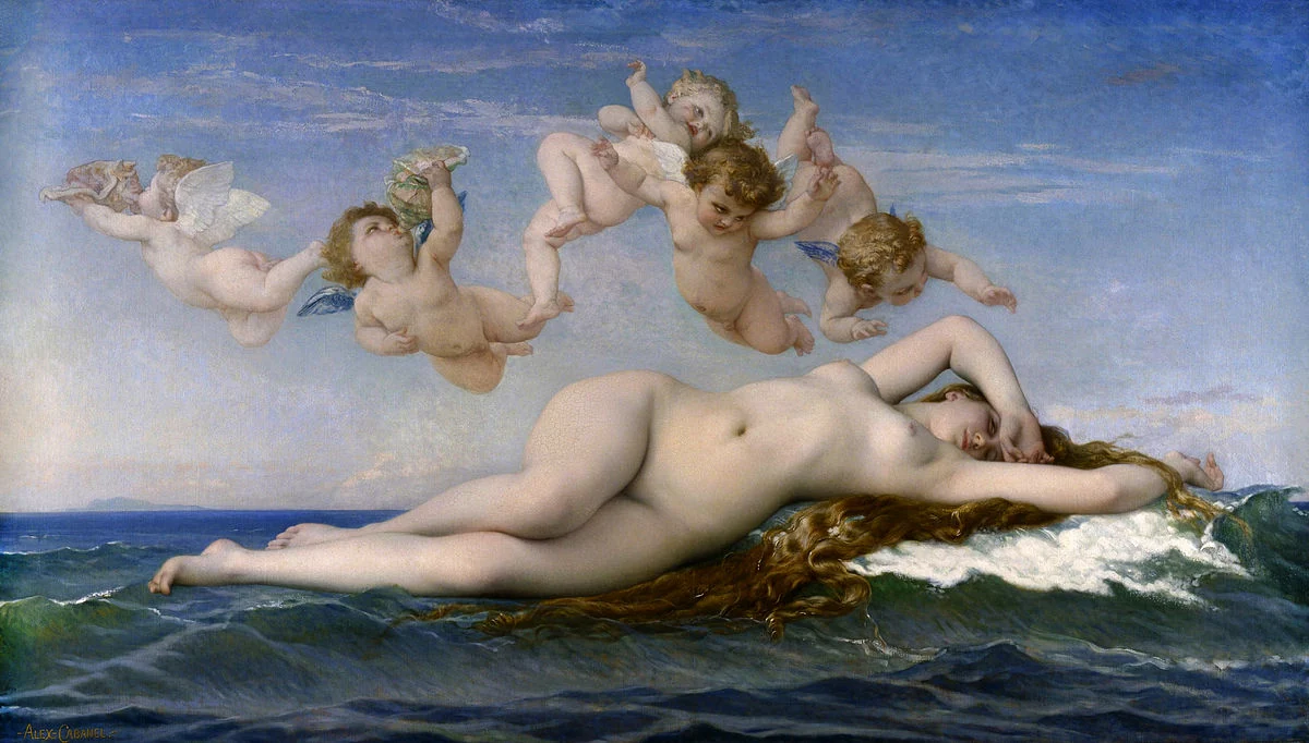 Alexandre Cabanel's The Birth of Venus, 1863: Venus reclining on a wave beneath a flight of putti.
