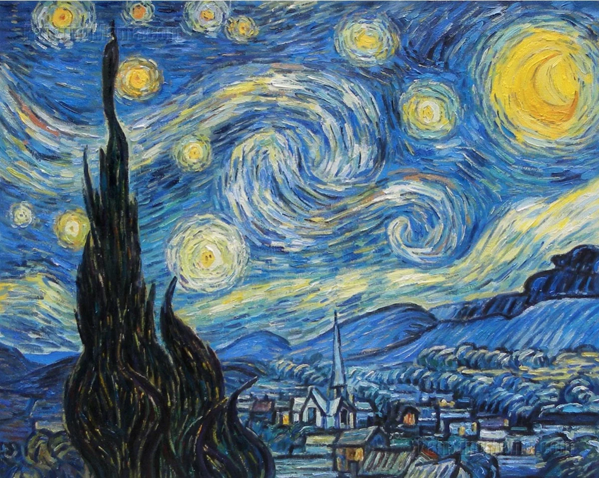 Vincent van Gogh's Starry Night, 1889: a swirling night sky over a village with a dark cypress.