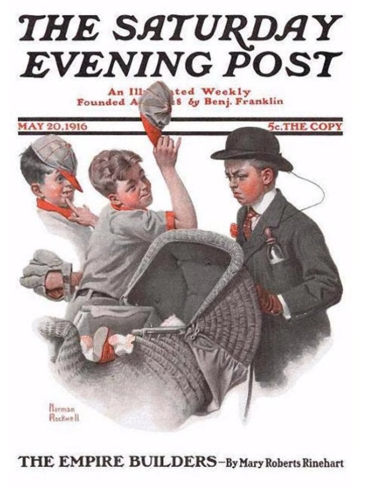 Norman Rockwell's Boy with Baby Carriage, a 1916 Saturday Evening Post cover: a suited boy pushing a pram past two jeering friends.