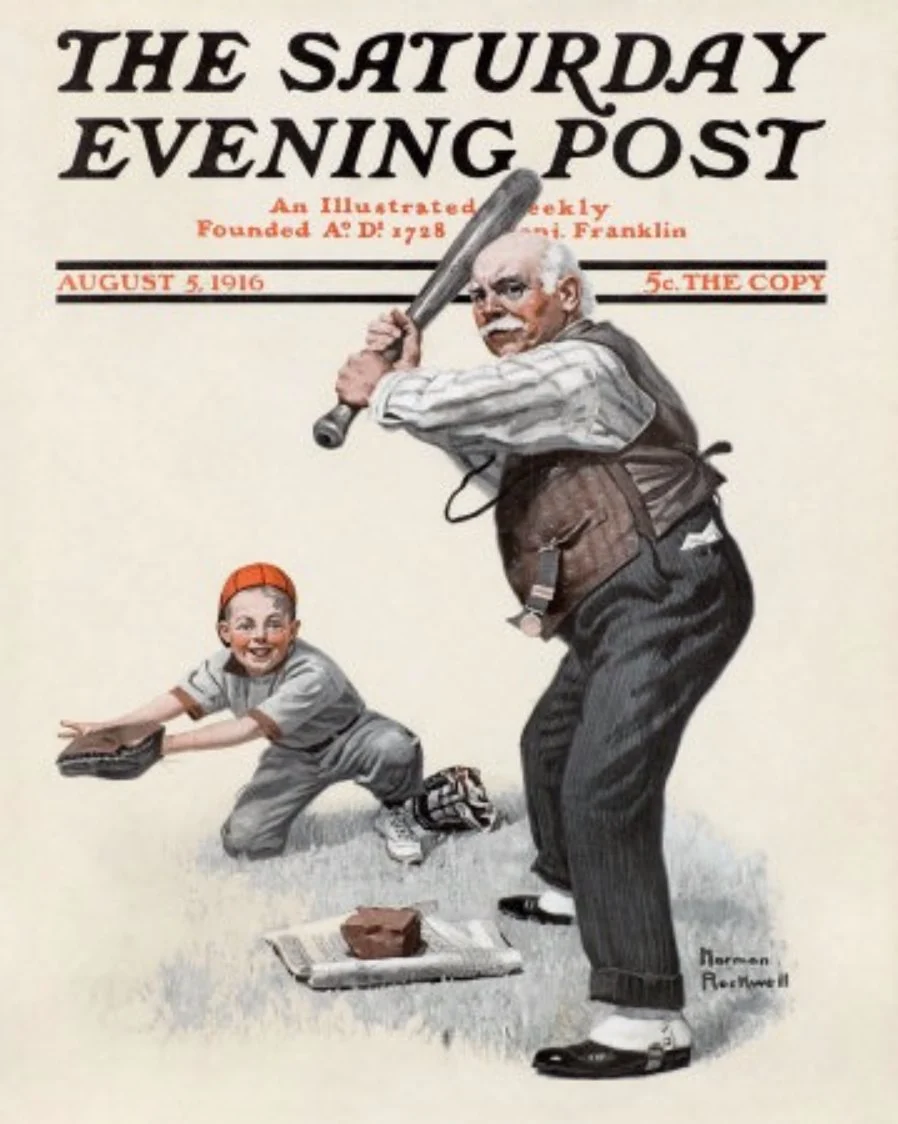 Norman Rockwell's Gramps at the Plate, a 1916 Saturday Evening Post cover: a grandfather batting while a boy catches.