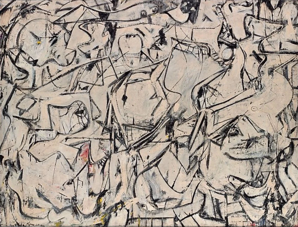 Willem de Kooning's Attic, 1949: an allover field of white interlocking forms drawn in black.