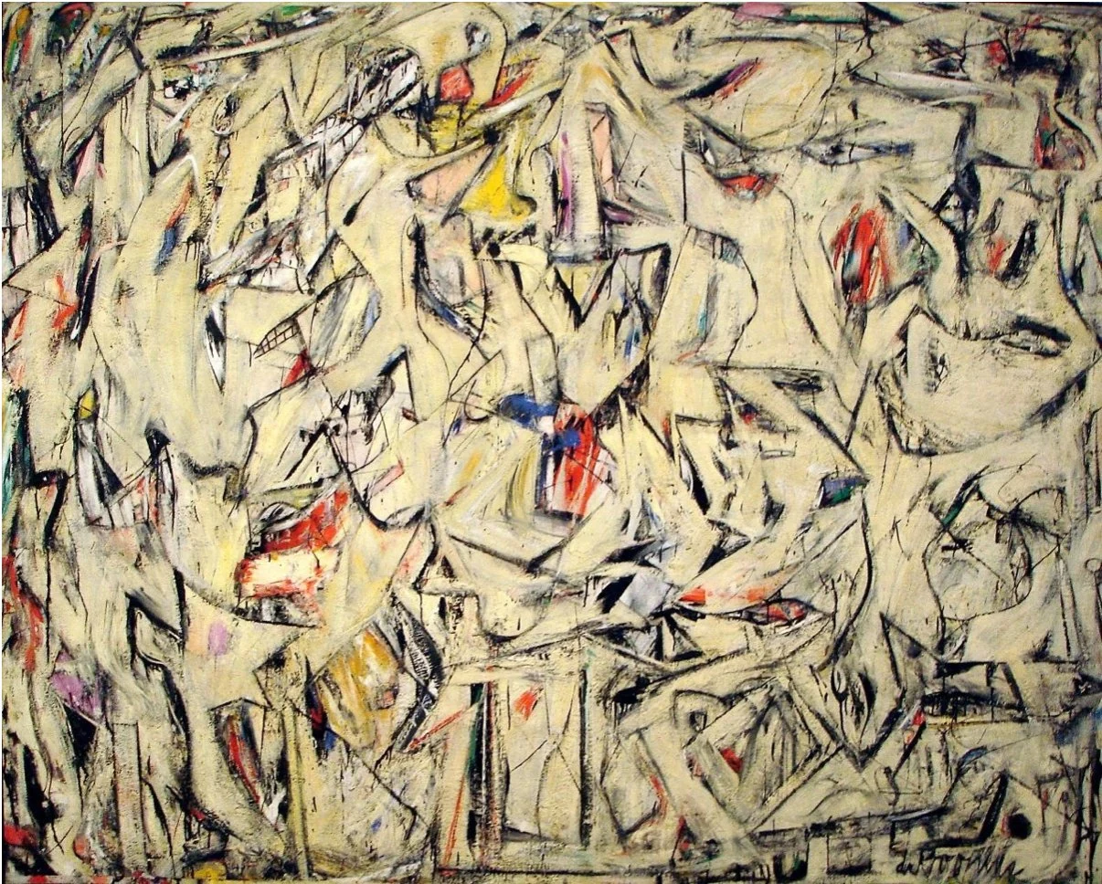 Willem de Kooning's Excavation, 1950: a dense cream-coloured field of hooked shapes with flashes of red, blue and yellow.