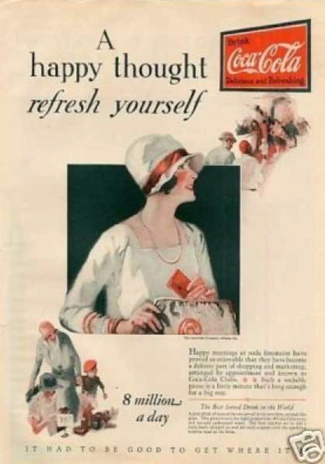 A 1921 Coca-Cola magazine ad: a woman in a cloche hat reaches into her purse beneath the words A happy thought, refresh yourself, with 8 million a day below.