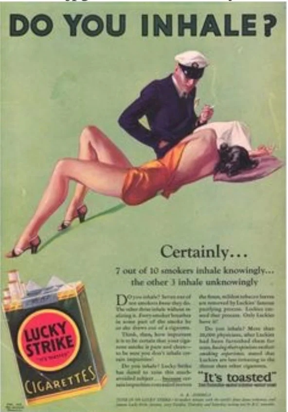 Lucky Strike cigarettes ad asking Do you inhale? A sailor leans over a reclining woman in orange, above a pack of Lucky Strikes on a green ground.