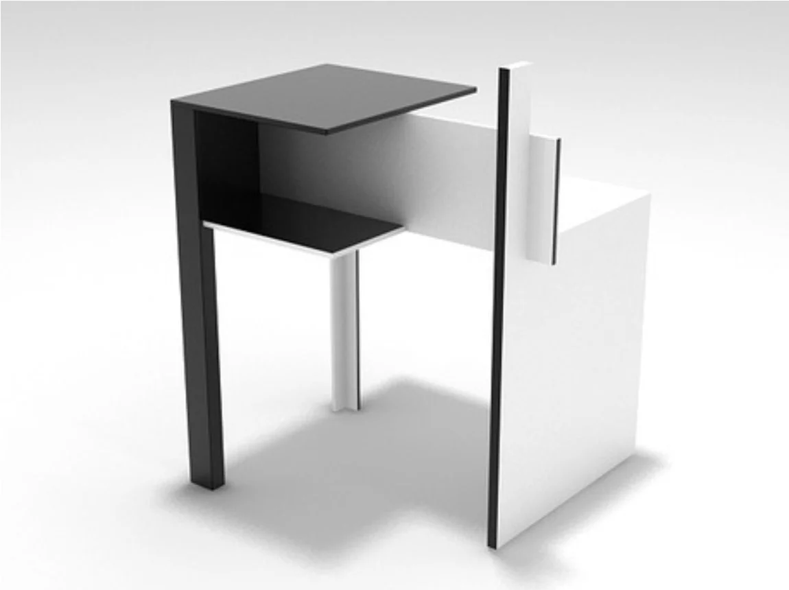 Eileen Gray's De Stijl side table for ClassiCon: interlocking black and white planes on slender legs.