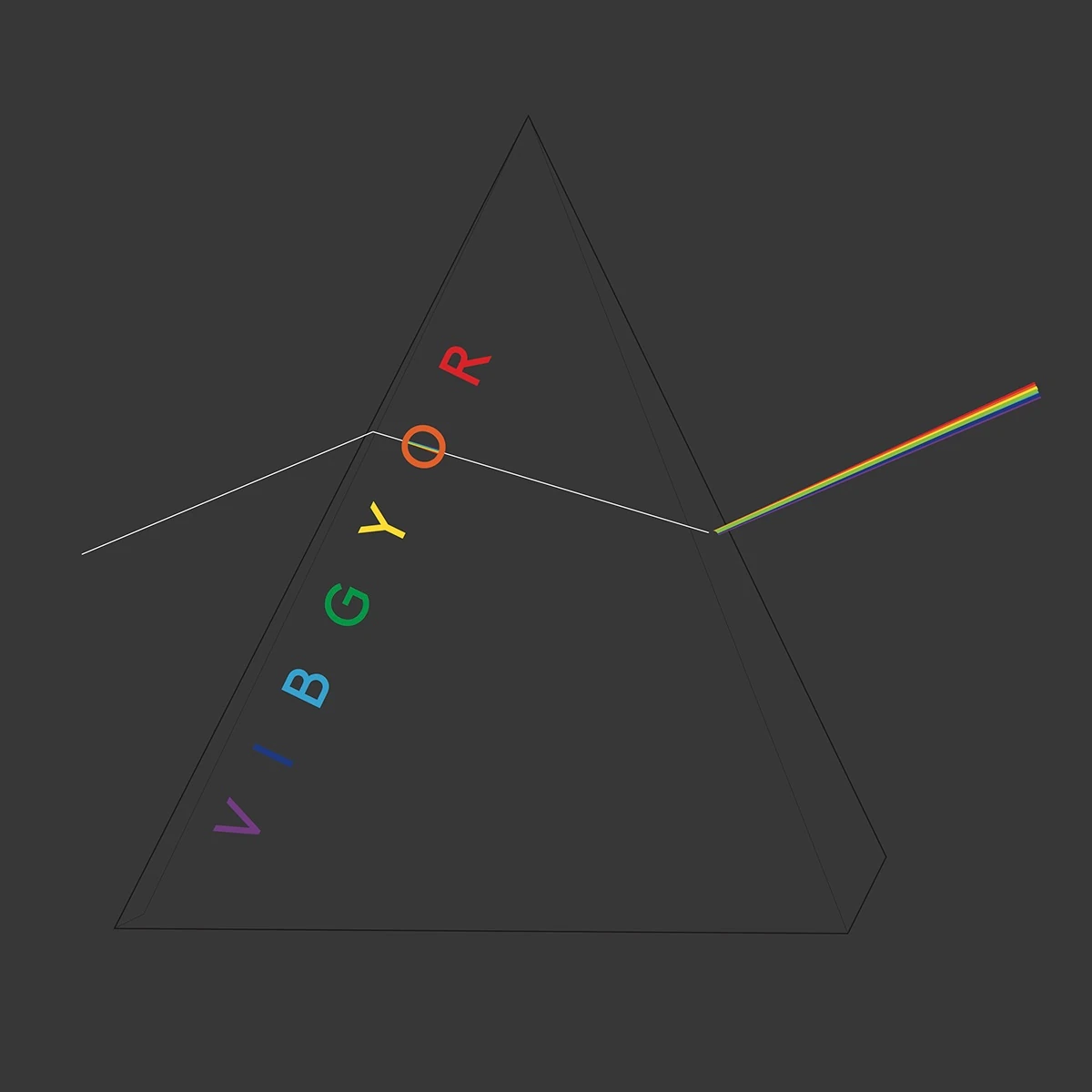 Digital illustration of a glass prism on a dark grey ground: a thin white ray enters from the left and leaves the far face as a band of seven colours, with the letters V, I, B, G, Y, O, R climbing the prism's near face in their own hues.