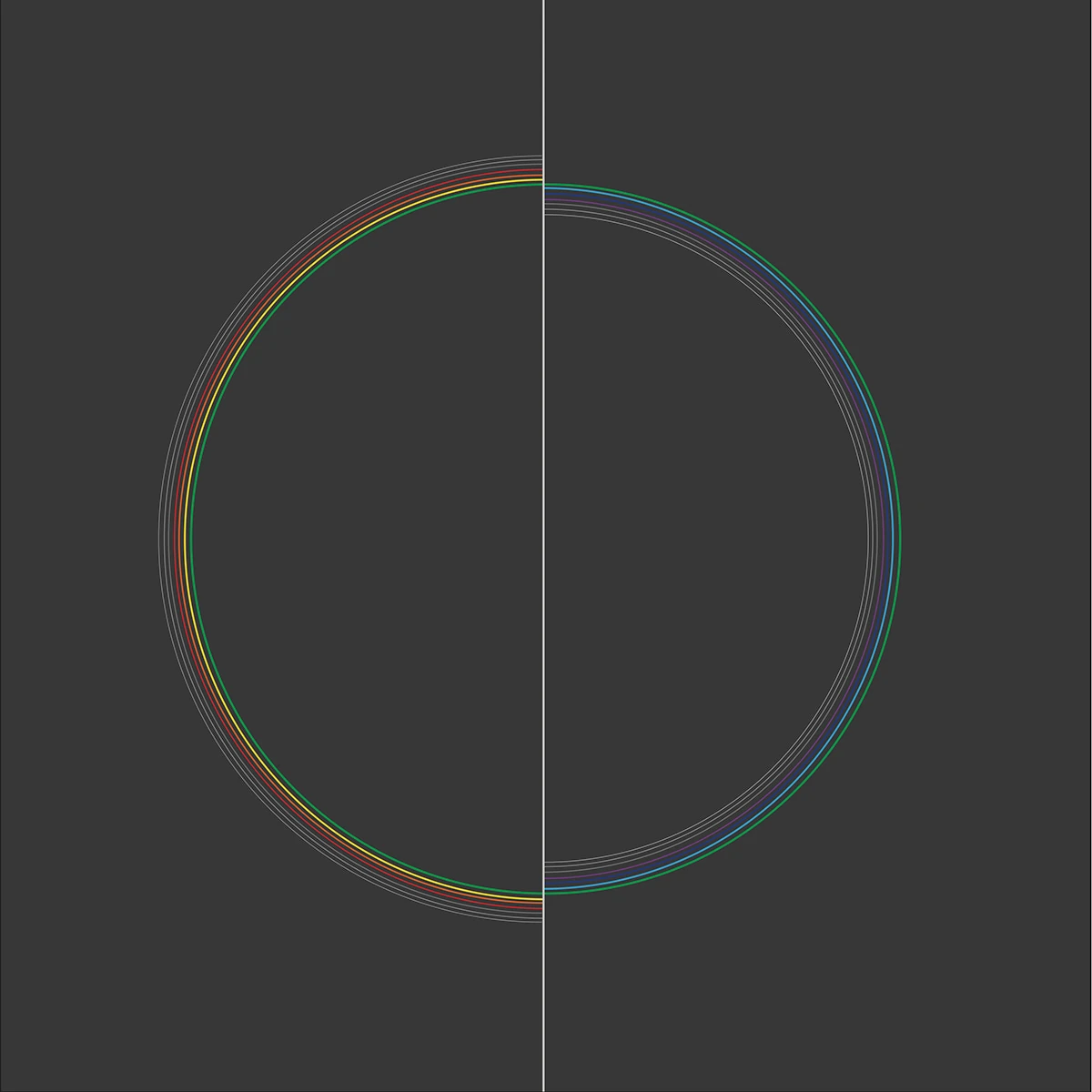 Digital illustration on a dark grey ground: a circle drawn from many thin concentric rings, warm colours running up its left half and cool colours down its right, the remaining rings white, with a single vertical white line passing through the circle's seam.