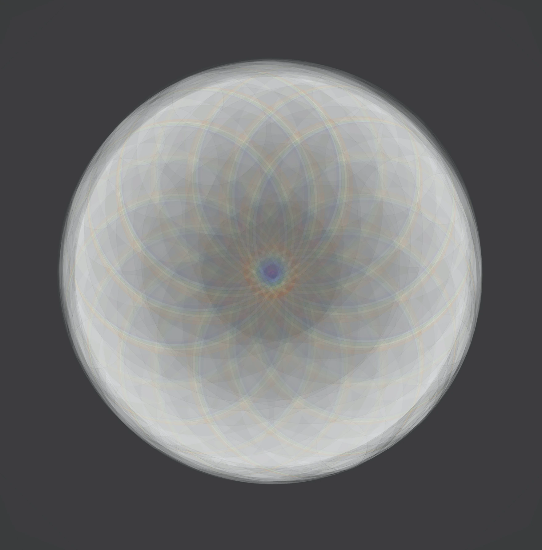 Digital rendering of a translucent sphere on a dark grey ground, built from dozens of overlapping spectral rings revolved about a common axis, their faint tints summing toward white, with a small blue-violet point near the centre.
