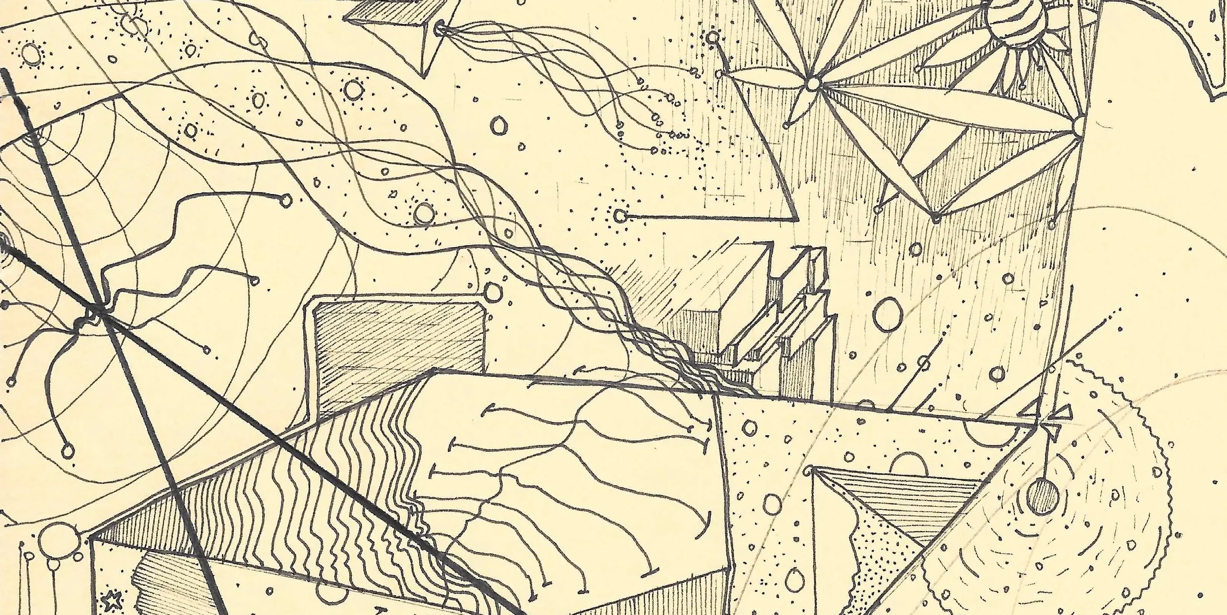 Detail from a stream-of-consciousness drawing&nbsp;&mdash; a dense field of geometric forms, a globe and a radiating burst in stippled ink