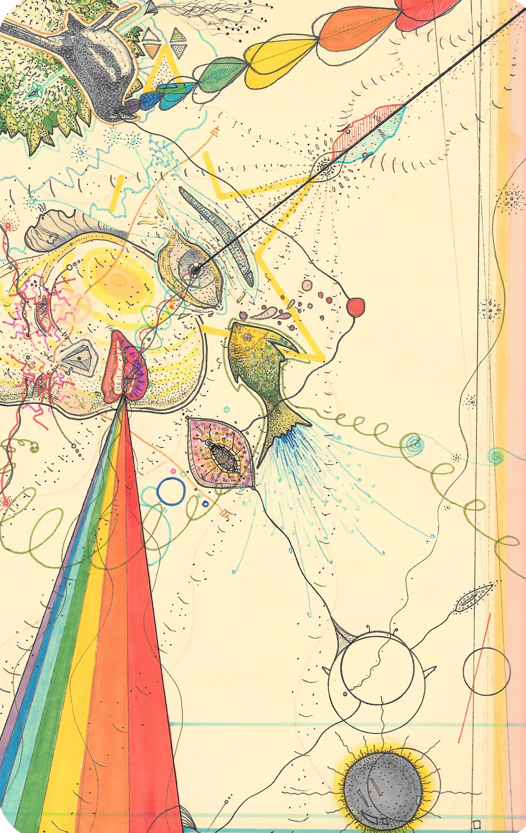 A dense ink-and-colour stream-of-consciousness drawing&nbsp;&mdash; an eye, a fish, lips refracting a rainbow, set in stippled fields